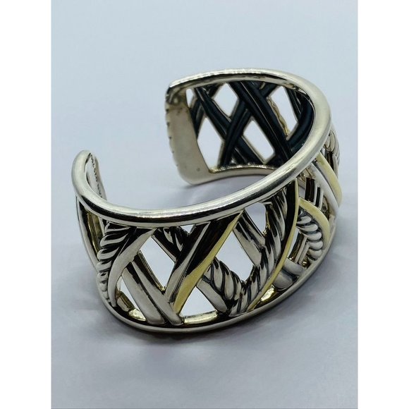David Yurman Sterling Silver 18k Gold Papyrus Two Tone Wide Cuff Bangle Bracelet - Picture 9 of 10